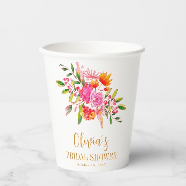 Gobelets En Papier Fête des mariées florale rose moderne personnalisé (Recto)