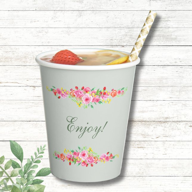 Gobelets En Papier Fête des mariées Peach Pink Peony vert Sage (Créateur téléchargé)