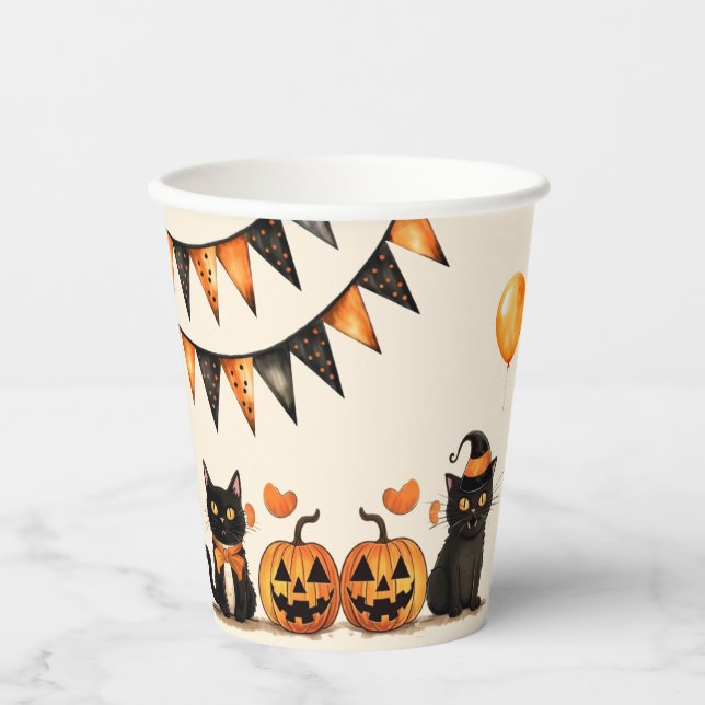 Gobelets En Papier Fête d'Halloween de chat noir (Recto)
