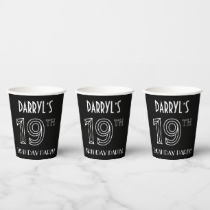 Gobelets En Papier Fête du 19e anniversaire : Style Art Déco + Nom pe