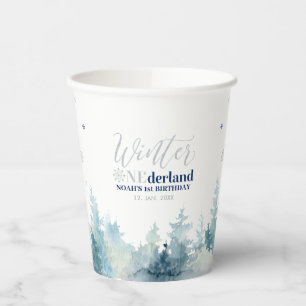 Gobelets En Papier Fête du 1er anniversaire Silver & Navy Winter Onde
