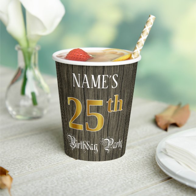 Gobelets En Papier Fête du 25e anniversaire — Faux Gold & Faux Wood L (Insitu)