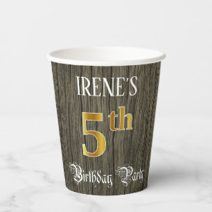 Gobelets En Papier Fête du 5e anniversaire — Faux Gold & Faux Wood Lo