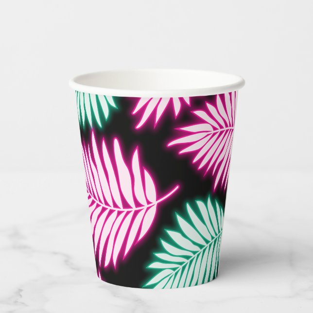 Gobelets En Papier Feuilles tropicaux modernes Faux Neon Pink Green (Verso)