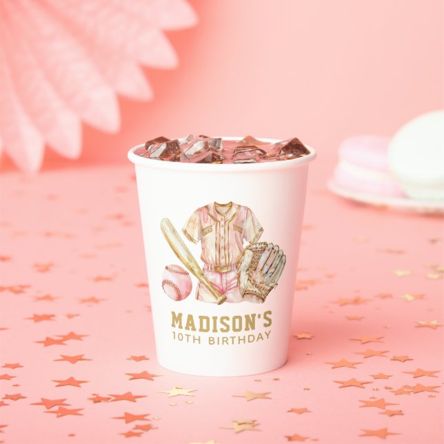 Gobelets En Papier Fille Anniversaire Baseball Luxe or Rose (Insitu)