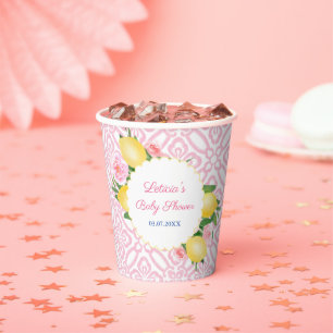 Gobelets En Papier Fille Baby shower Citrons Rose Et Blanc