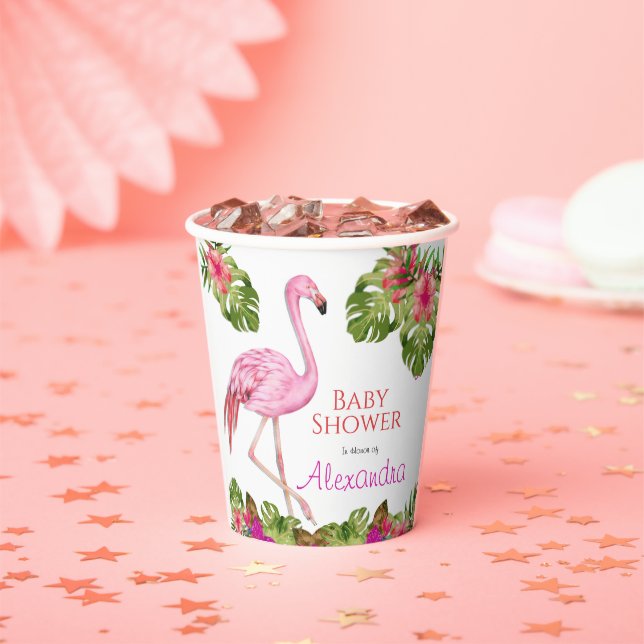 Gobelets En Papier Fille Baby shower rose Flamant rose faune tropical (Insitu)