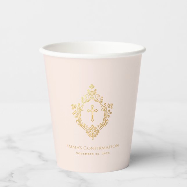 Gobelets En Papier Fille Confirmation Crest Blush Pink Faux Gold Cros (Recto)