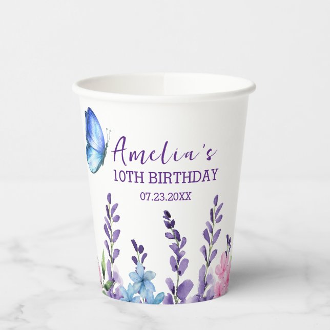 Gobelets En Papier Fille papillon rose floral Anniversaire (Gauche)