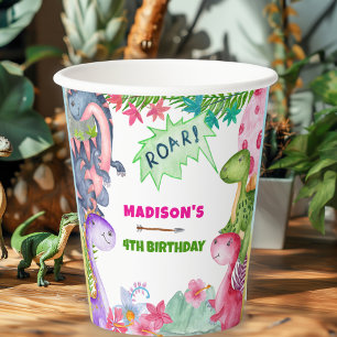 Gobelets En Papier Fille rose dinosaure 4ème fête d'anniversaire