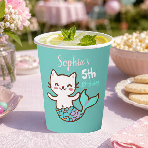 Gobelets En Papier Fille Sirène Chat Anniversaire Mignon Purrmaid Meo