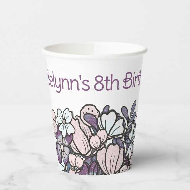 Gobelets En Papier Filles florales violettes fête d'anniversaire (Gauche)