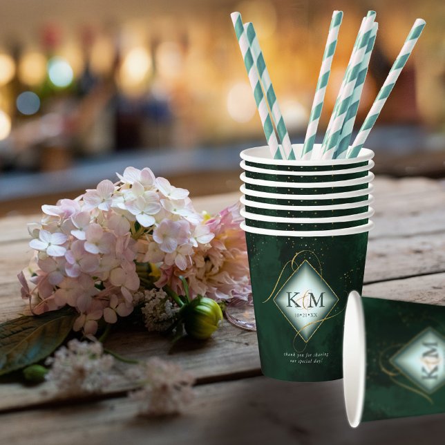 Gobelets En Papier Fine Lines Gold Abstrait Mariage V2 Emerald ID867 (Créateur téléchargé)