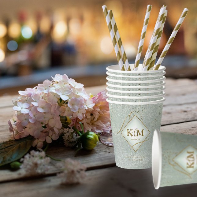 Gobelets En Papier Fine Lines Gold Abstrait Mariage V2 Sage ID867 (Créateur téléchargé)