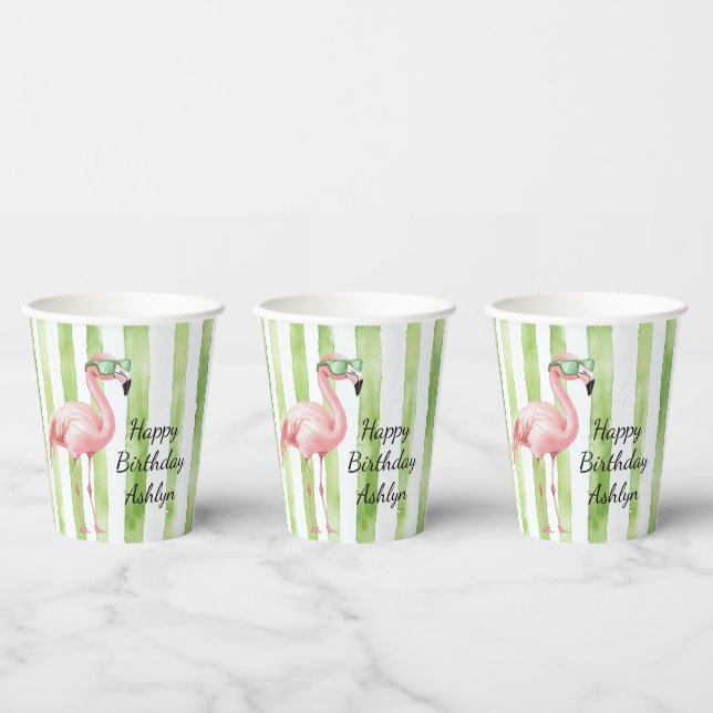 Gobelets En Papier Flamant rose Green Pink Stripes Anniversaire (Multi)