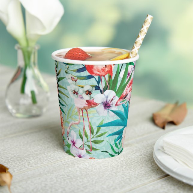 Gobelets En Papier Flamants roses & Palm Tree Luau Tasses (Insitu)