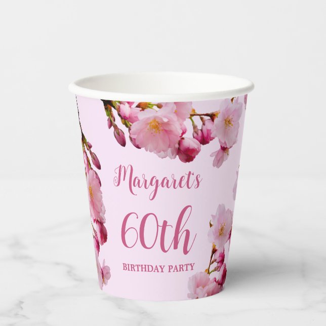 Gobelets En Papier Fleur de cerisier Branches rose 60e anniversaire (Recto)