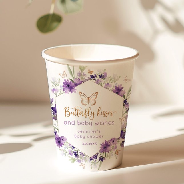 Gobelets En Papier Fleur sauvage lavande papillon embrasse baby showe (Créateur téléchargé)