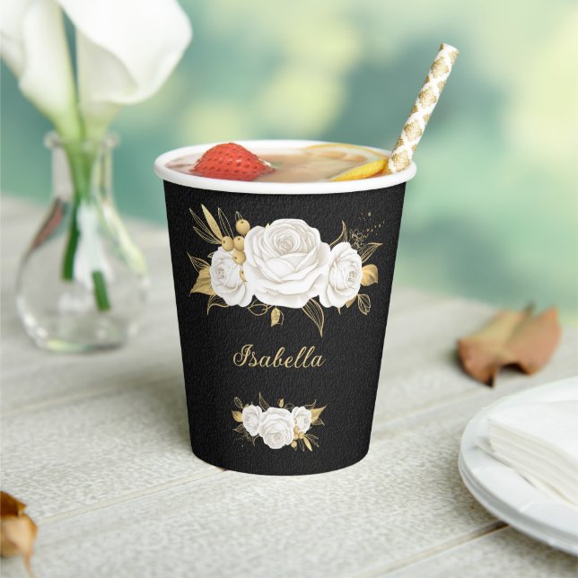 Gobelets En Papier fleurs blanches feuilles or noir (Insitu)