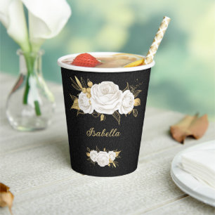 Gobelets En Papier fleurs blanches feuilles or noires