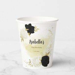 Gobelets En Papier fleurs blanches noires or feuilles