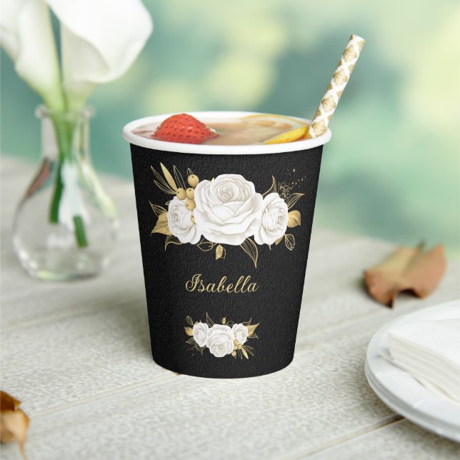 Gobelets En Papier fleurs blanches or feuille noir (Insitu)