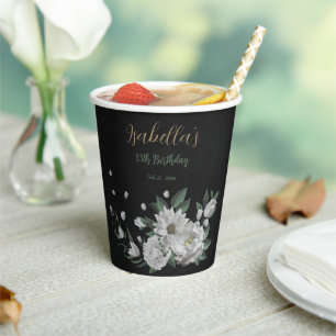 Gobelets En Papier fleurs blanches romantiques & feuilles vertes noir