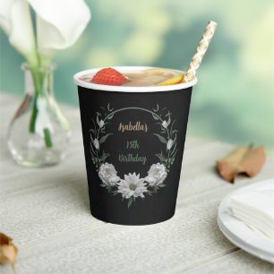Gobelets En Papier fleurs blanches romantiques & feuilles vertes noir