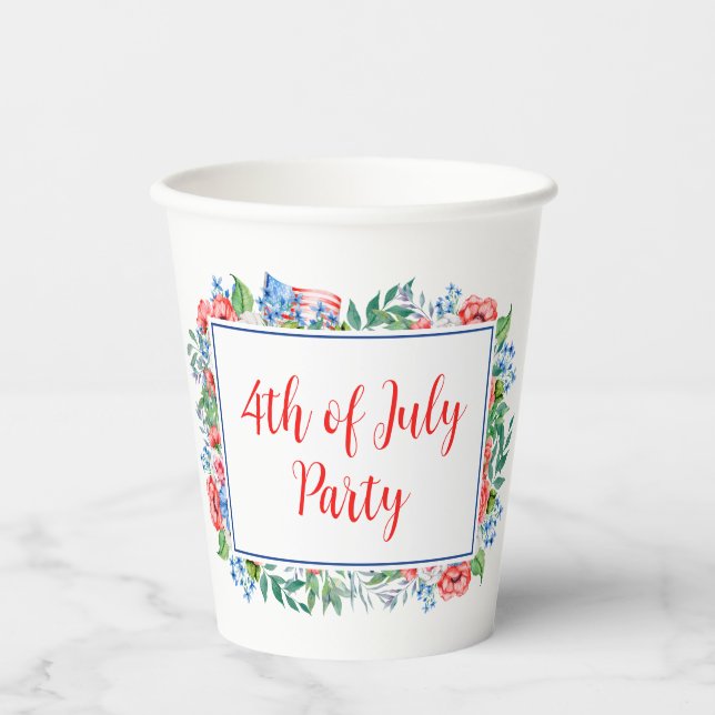 Gobelets En Papier Fleurs Bleues Rouge 4 juillet Parti Patriotique (Recto)
