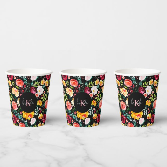 Gobelets En Papier Fleurs de jardin anglais coloré monogrammes motif (Multi)