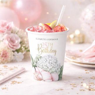 Gobelets En Papier Fleurs de Paon Rose Fard Anniversaire 25 Ans