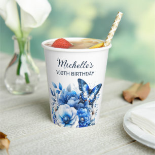 Gobelets En Papier Fleurs de papillon bleu Élégant 100e anniversaire