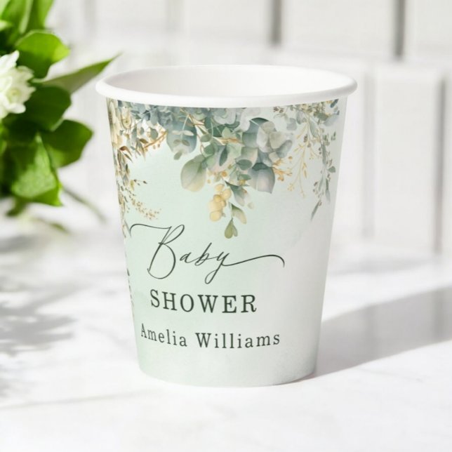 Gobelets En Papier Fleurs d'eucalyptus botaniques Or vert (Créateur téléchargé)