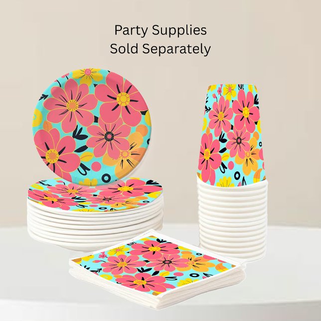 Gobelets En Papier Fleurs roses et jaunes sur Sky Blue -Dopamine (Pink & Yellow Blossoms on Sky Blue-Dopamine Style-Party Supplies full set)