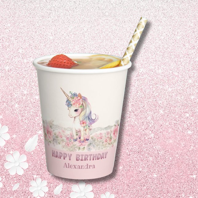 Gobelets En Papier Fleurs roses mignonnes Fille Unicorne Anniversaire (Créateur téléchargé)