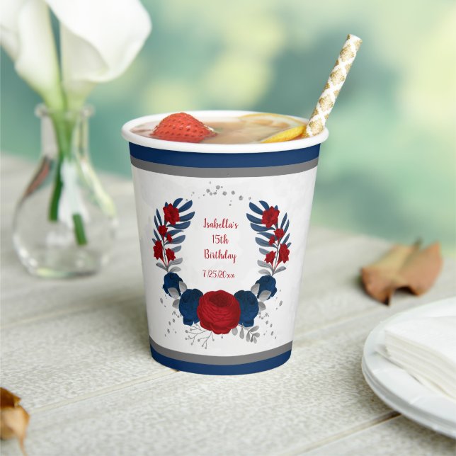 Gobelets En Papier fleurs rouge foncé et bleu marine couronne en arge (Insitu)