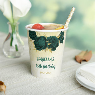 Gobelets En Papier fleurs vert émeraude et feuilles or