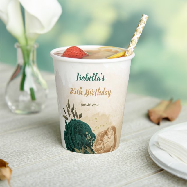 Gobelets En Papier fleurs vert émeraude et or beige  (Insitu)