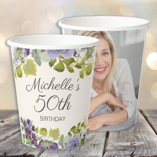Gobelets En Papier Fleurs Vertes Florales Violettes 50e Anniversaire
