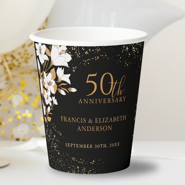 Gobelets En Papier Floral Black Gold 50e anniversaire Mariage (Créateur téléchargé)