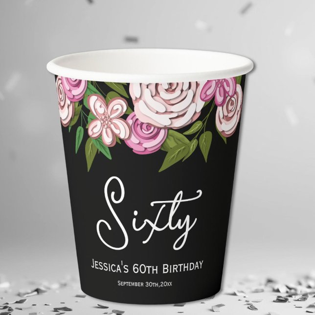 Gobelets En Papier Floral noir moderne 60e anniversaire (Créateur téléchargé)