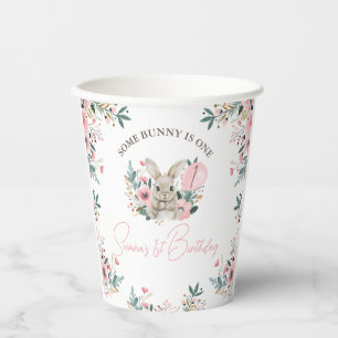 Gobelets En Papier Floral Rose Un Lapin Tourne Un 1Er Anniversaire