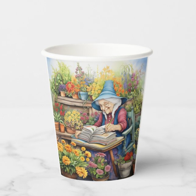 Gobelets En Papier Flower pot jardin Lady livre de lecture au milieu  (Recto)