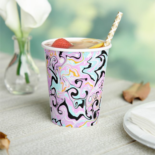Gobelets En Papier Fluid Art Cotton Bonbon rose, Turquoise, noir et o (Insitu)