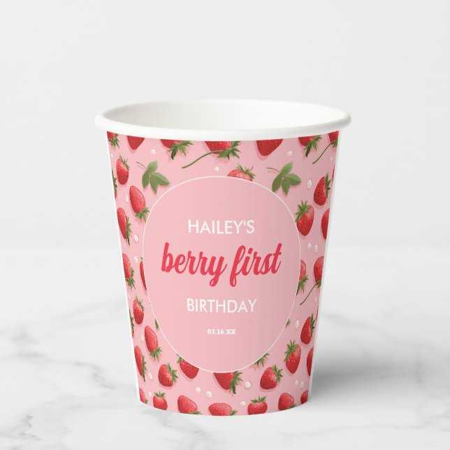 Gobelets En Papier Fraise Berry Première fête d'anniversaire (Recto)