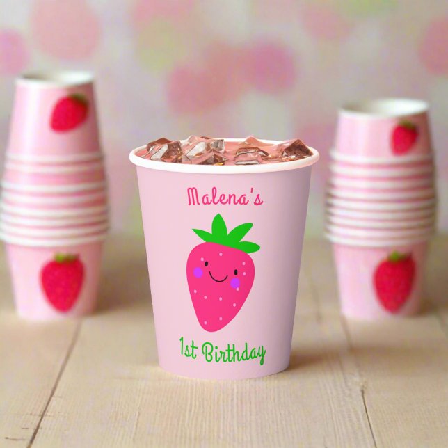 Gobelets En Papier Fraise rose mignonne 1er anniversaire Fête Enfants (Créateur téléchargé)