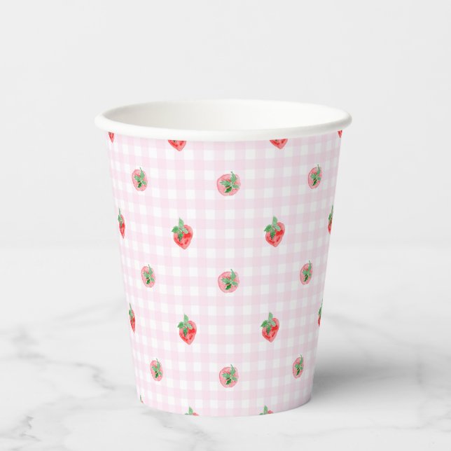 Gobelets En Papier Fraises d'aquarelle sur en vichy rose (Recto)