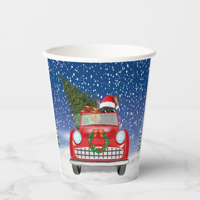 Gobelets En Papier Français Bulldog Driving Car En Noël De Neige (Recto)