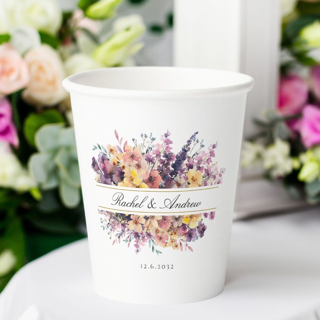 Gobelets En Papier Fresque, Bouquet fleur sauvage, écriture manuscrit (Fresh, wildflower bouquet, handwriting, wedding paper cups with your names and date.)