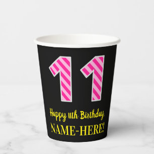 Gobelets En Papier Fun Pink Stripes "11" : Joyeux 11ème anniversaire 